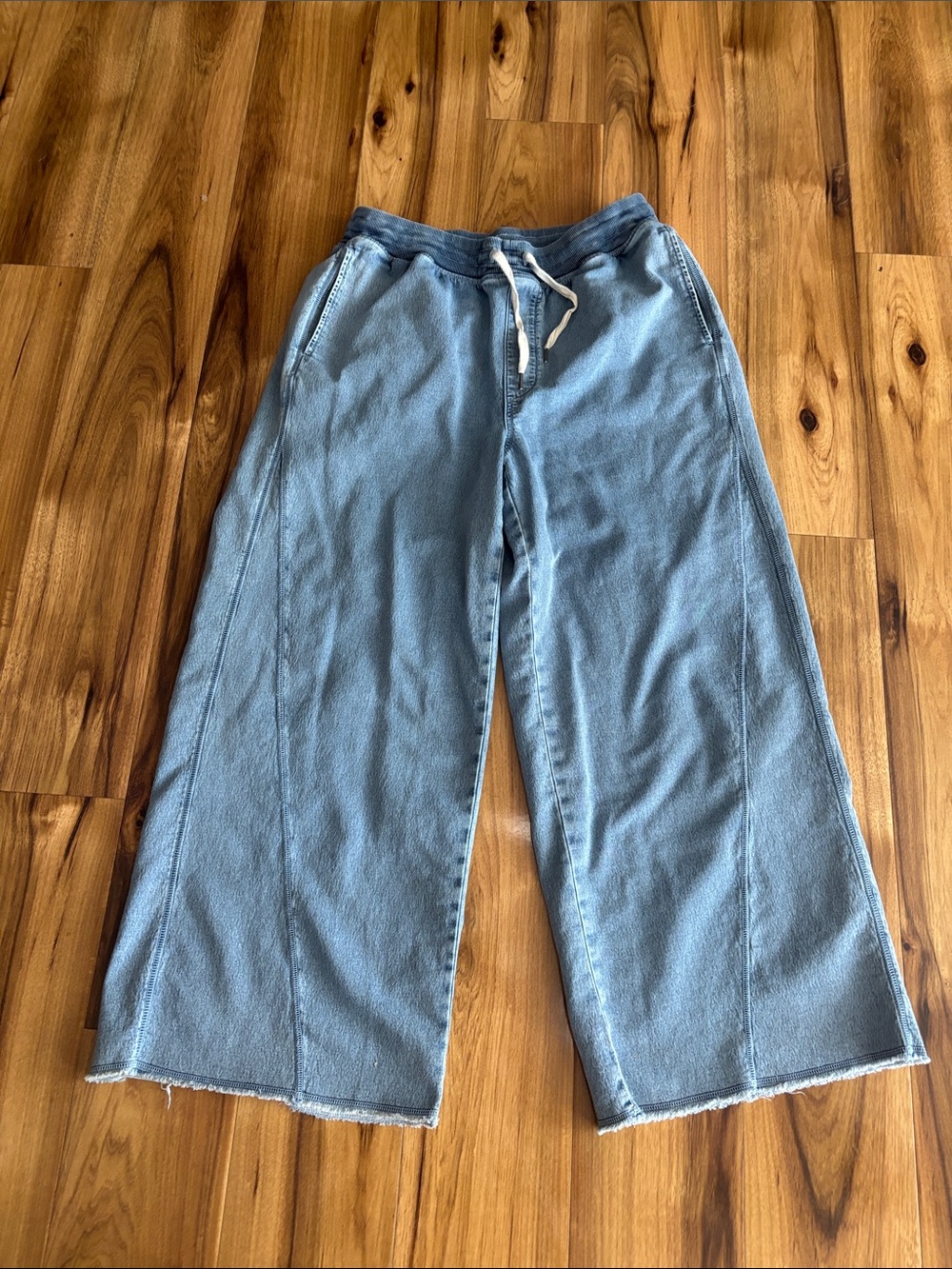 aerie Light Blue Wide-Leg Drawstring Sweatpants with Frayed Hem